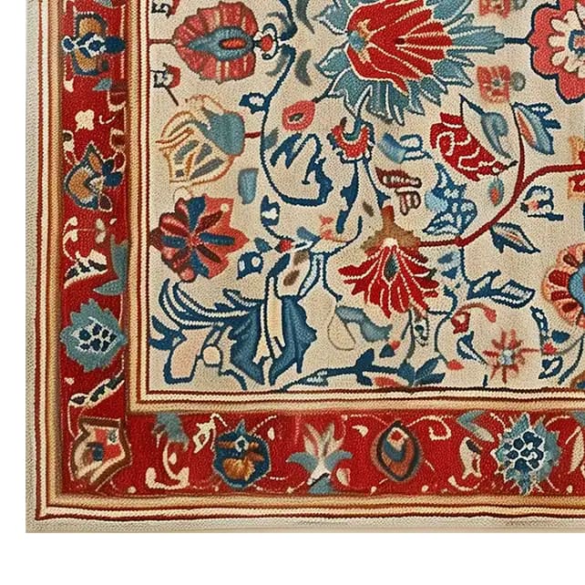 Close-up view of the Persian Bloom Hand Tufted Wool Rug, showcasing its intricate floral design in vibrant reds, blues, and creams. This area rug is perfect for adding elegance to large living spaces, especially as a living room rug 8x10, providing a luxurious touch with its wool texture.