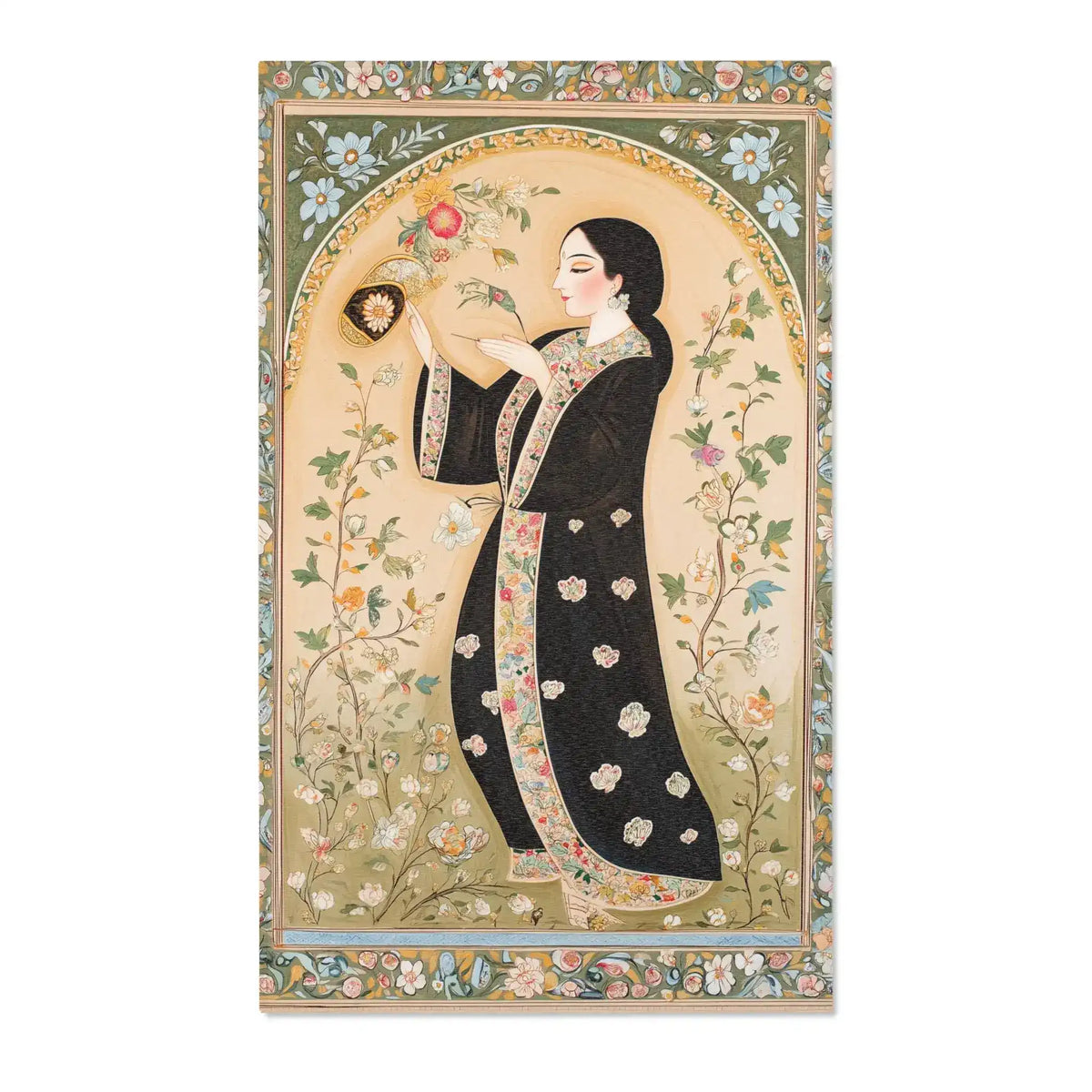 Persian Elegance Floral Black Robe Art Rugs flat lay showing woman in black floral robe beneath golden arch surrounded by colorful blossoms on green field