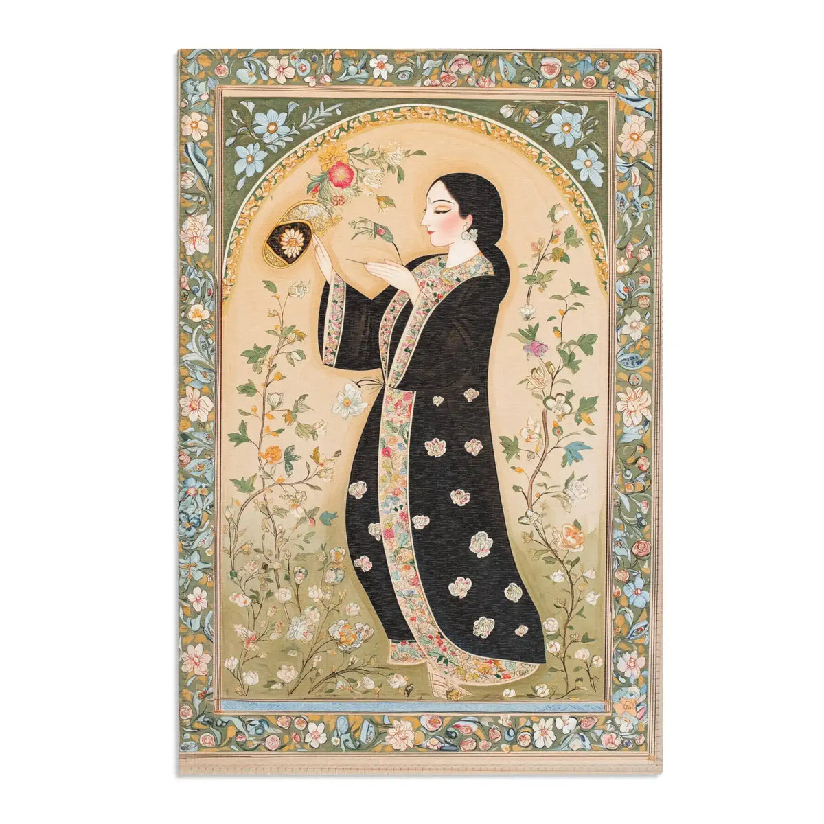 Persian Elegance Floral Black Robe Art Rugs displaying woman in black robe under gold arch with ornate pastel botanical floral border