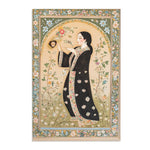 Persian Elegance Floral Black Robe Art Rugs displaying woman in black robe under gold arch with ornate pastel botanical floral border