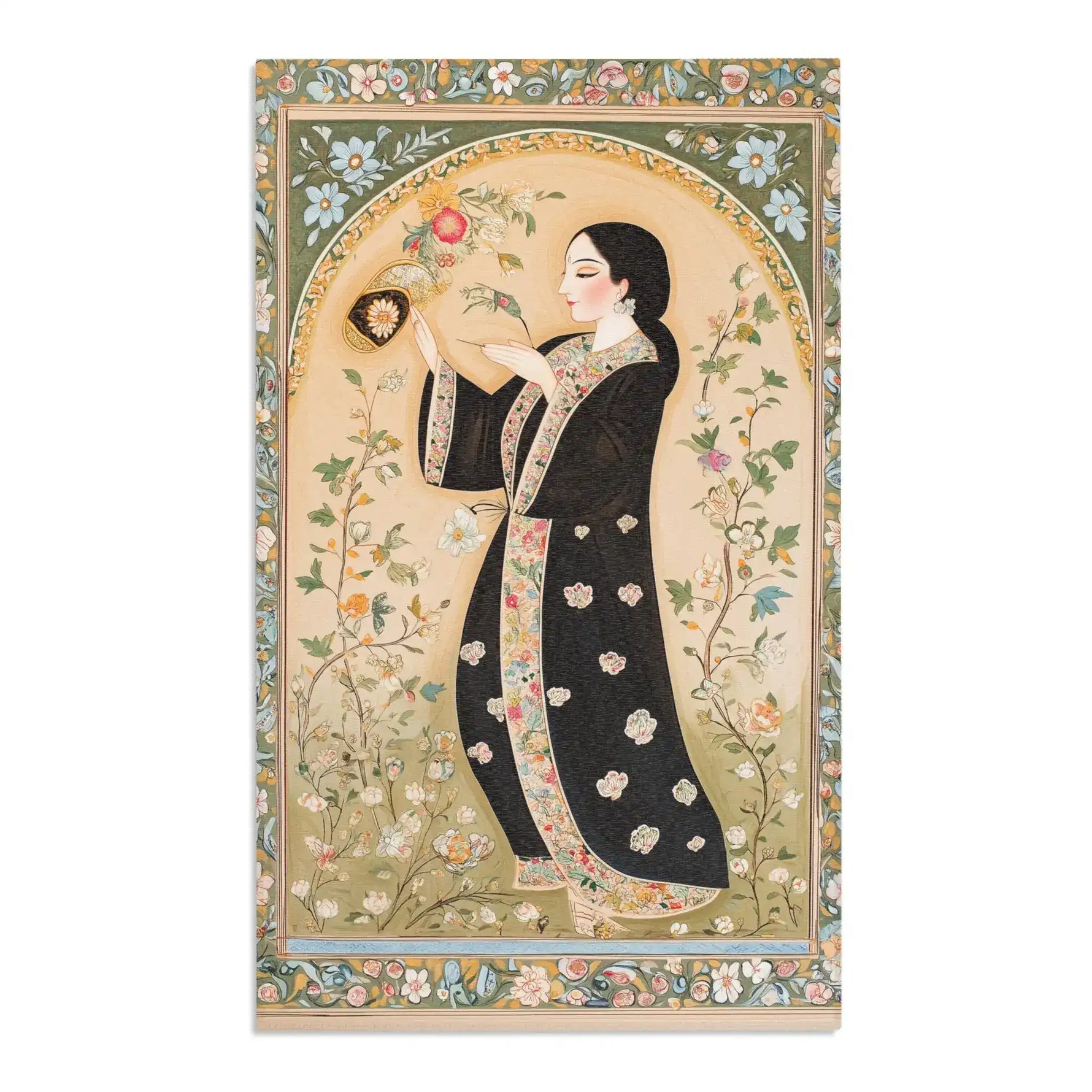 Persian Elegance Floral Black Robe Art Rugs cream background variant with woman in black dotted robe and blue floral decorative border