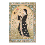 Persian Elegance Floral Black Robe Art Rugs sage green border version with ornate botanical frame surrounding black-robed woman figure