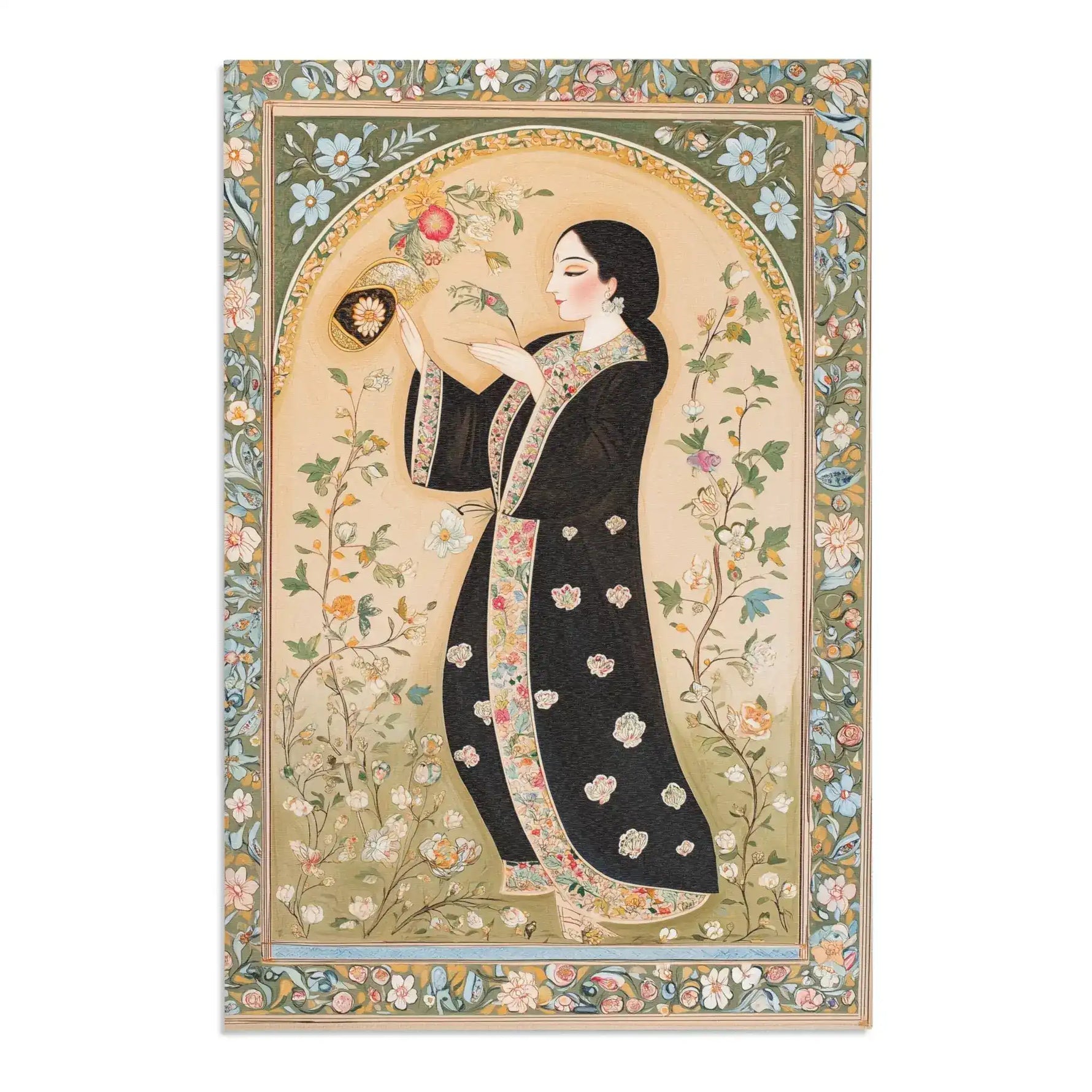Persian Elegance Floral Black Robe Art Rugs sage green border version with ornate botanical frame surrounding black-robed woman figure