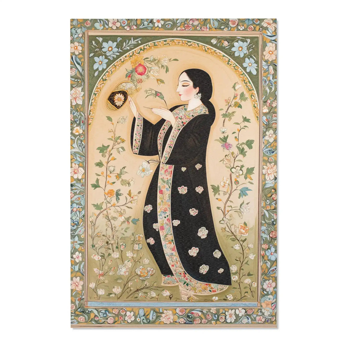 Persian Elegance Floral Black Robe Art Rugs with tabby cat portrait in red gold baroque military jacket and round sunglasses on dark woven ground