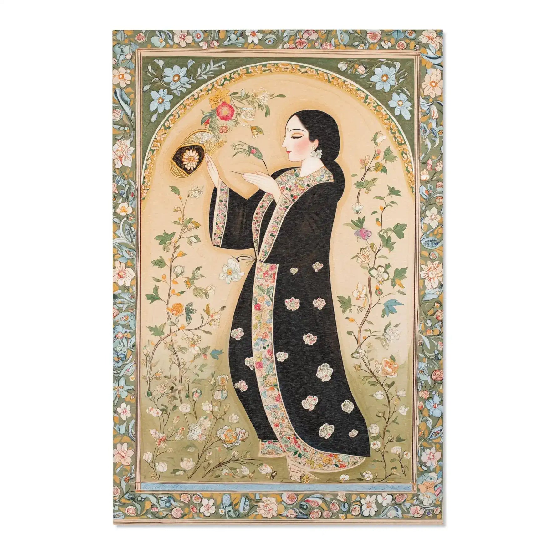 Persian Elegance Floral Black Robe Art Rugs with tabby cat portrait in red gold baroque military jacket and round sunglasses on dark woven ground
