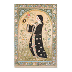 Persian Elegance Floral Black Robe Art Rugs featuring an oriental woman in black dotted robe holding fan, gold arch, multicolor floral border, flat lay
