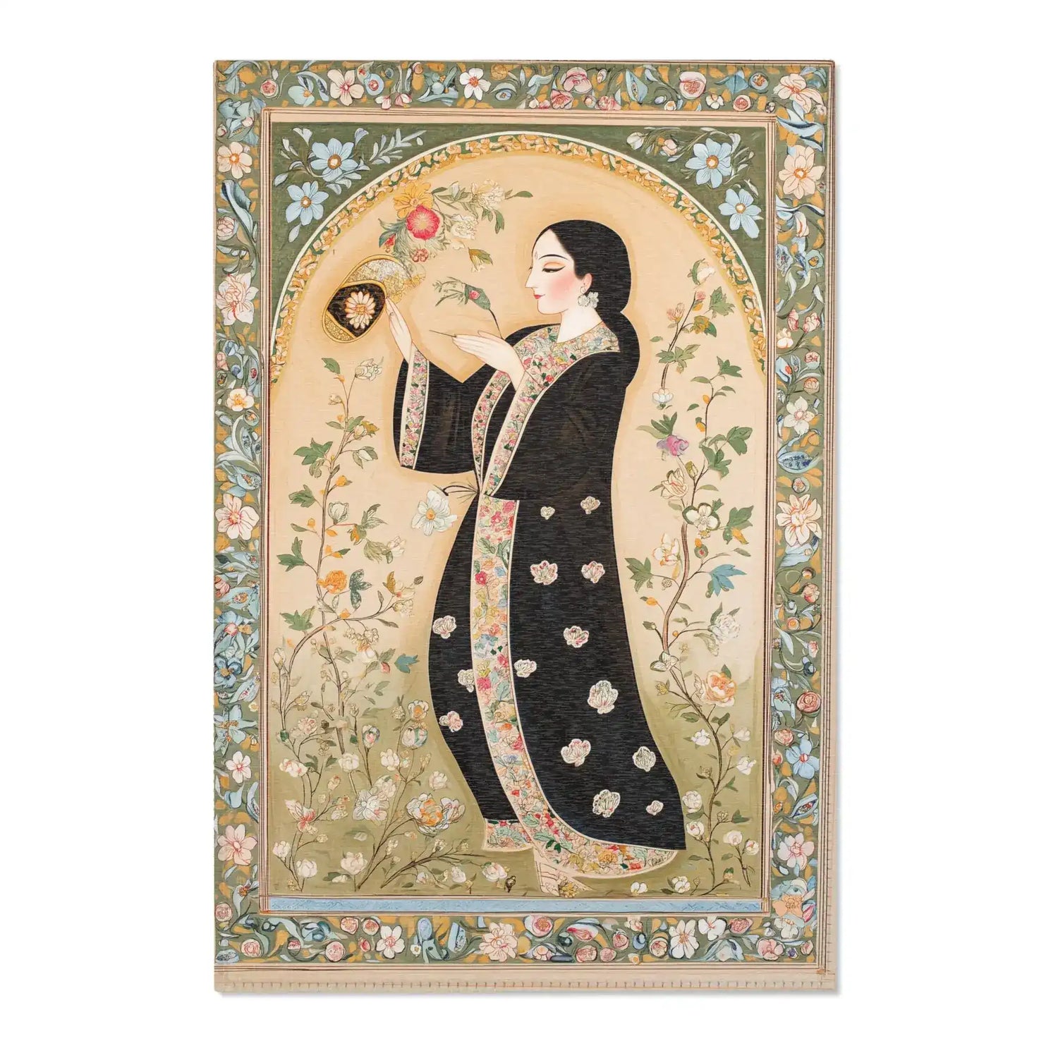 Persian Elegance Floral Black Robe Art Rugs featuring an oriental woman in black dotted robe holding fan, gold arch, multicolor floral border, flat lay