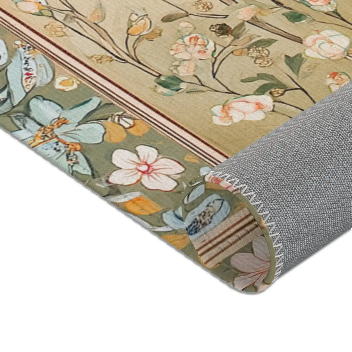 Persian Elegance Floral Black Robe Art Rugs corner rolled showing sage botanical pattern with pink magnolia and white blooms on grey backing