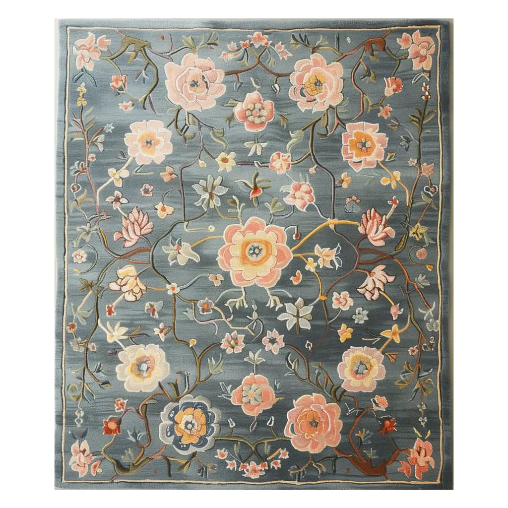 The Persian Floral Harmony Hand Tufted Wool Rug showcases a stunning array of colorful floral patterns set against a soft blue background. This area rug is perfect for adding elegance to living rooms. Its lush wool texture enhances warmth and comfort, making it an ideal floral rug choice for those seeking quality wool rugs for living room spaces.