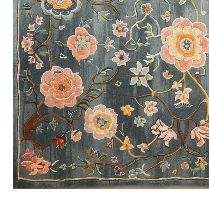 Close-up of a Persian Floral Harmony Hand Tufted Wool Rug showcasing intricate floral patterns in vibrant colors on a soft gray background. This elegant area rug is perfect for enhancing living room spaces, adding a touch of sophistication and warmth. Ideal for those seeking beautiful floral rugs made from quality wool.