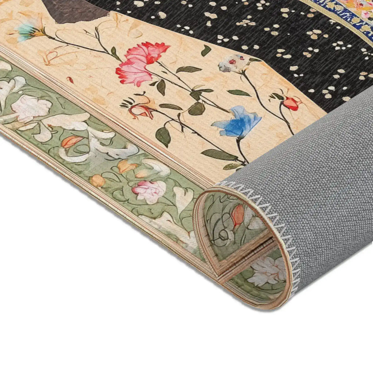 Flat view of the Persian Hand-Painted Floral Calligraphy Rug with bold crimson red field and ornate navy-gold calligraphy floral border