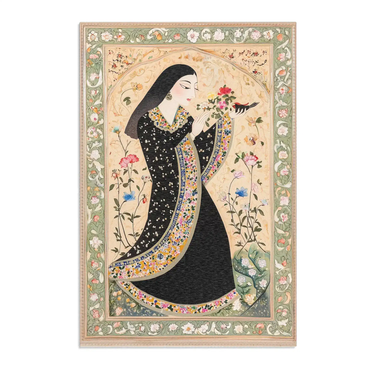 Rolled corner of the Persian Hand-Painted Floral Calligraphy Rug revealing grey non-slip backing and red-lipped face detail on surface