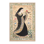 Rolled corner of the Persian Hand-Painted Floral Calligraphy Rug revealing grey non-slip backing and red-lipped face detail on surface