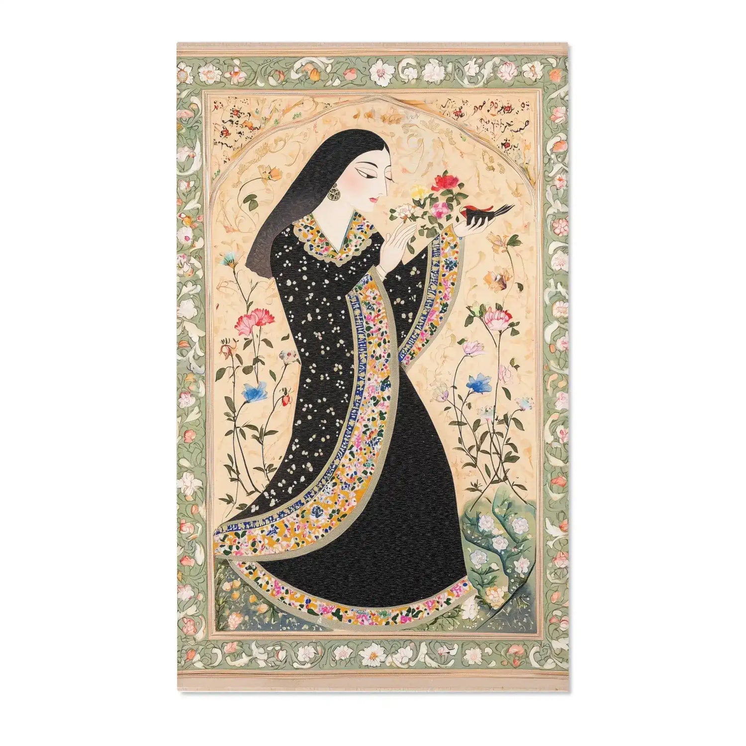 Closeup of robed figure with bird on the Persian Hand-Painted Floral Calligraphy Rug, warm cream medallion arch, multicolor floral calligraphy border