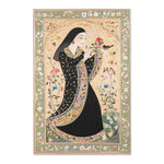 Full flat lay of the Persian Hand-Painted Floral Calligraphy Rug showing robed woman with bird, ivory field, sage green scroll-and-bloom border