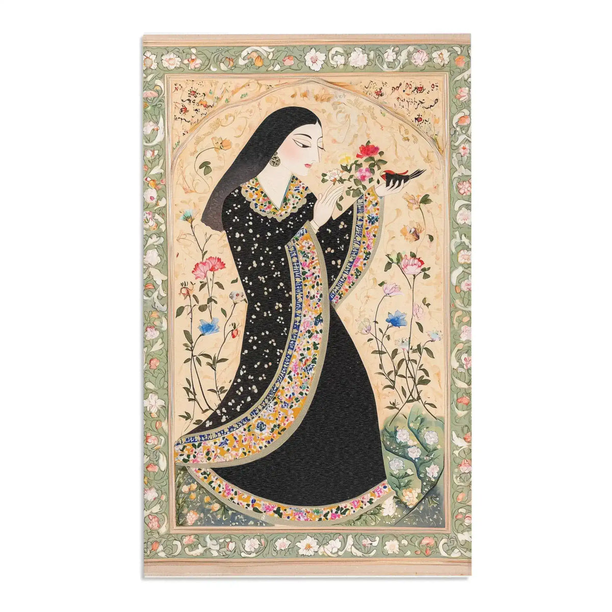 Flat view of the Persian Hand-Painted Floral Calligraphy Rug, black starry robe figure with bird, cream arch, colorful flower-and-script border