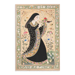 Persian Hand-Painted Floral Calligraphy Rug front showing draped black robe, bird perch, ivory arched ground, and sage floral calligraphy frame