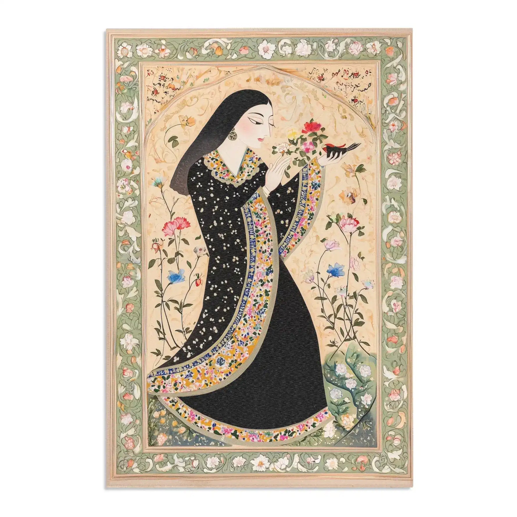 Persian Hand-Painted Floral Calligraphy Rug front showing draped black robe, bird perch, ivory arched ground, and sage floral calligraphy frame