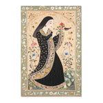 Woman in black star-patterned robe holds a bird amid blooms on the Persian Hand-Painted Floral Calligraphy Rug, cream field, green floral border