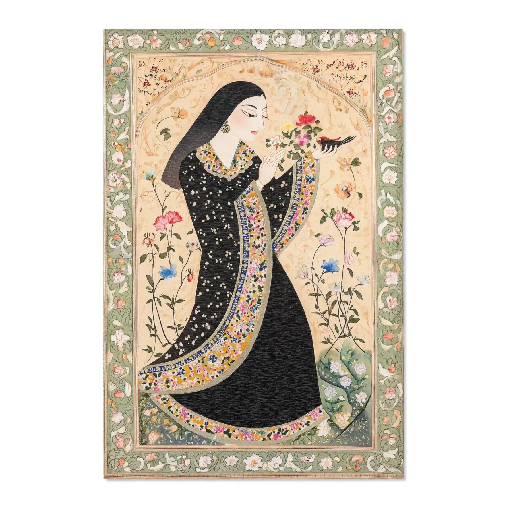 Woman in black star-patterned robe holds a bird amid blooms on the Persian Hand-Painted Floral Calligraphy Rug, cream field, green floral border
