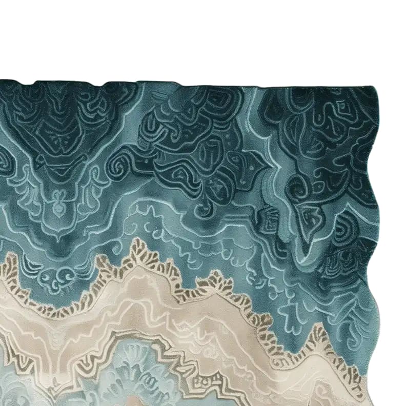 Close-up view of a Persian Heritage Hand Tufted Wool Rug showcasing its intricate abstract patterns in shades of blue and beige. This contemporary area rug is perfect for adding elegance to living room spaces.