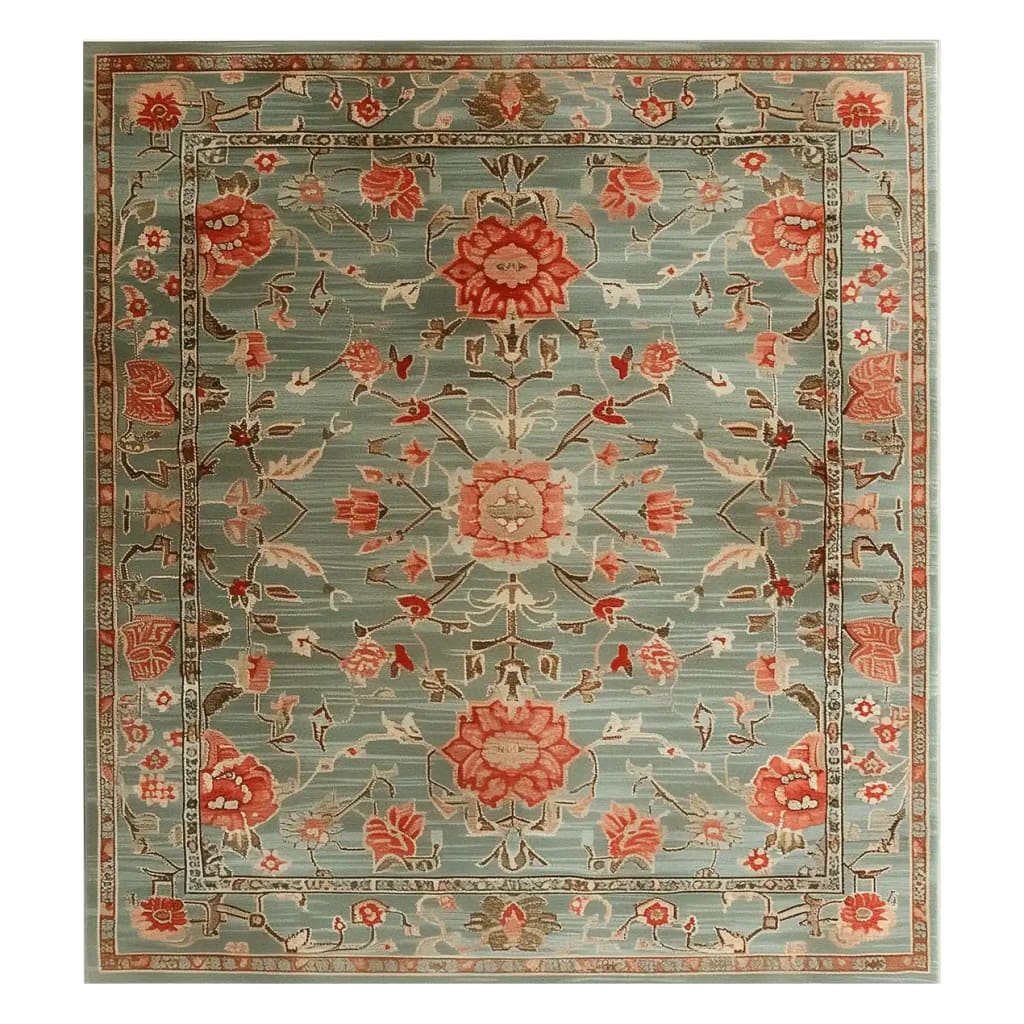 Elegant area rug featuring a hand-tufted wool design with intricate floral patterns in warm shades of red and orange against a soft blue background. Ideal for adding a touch of sophistication to living rooms, this 8x10 floral rug offers both style and comfort.