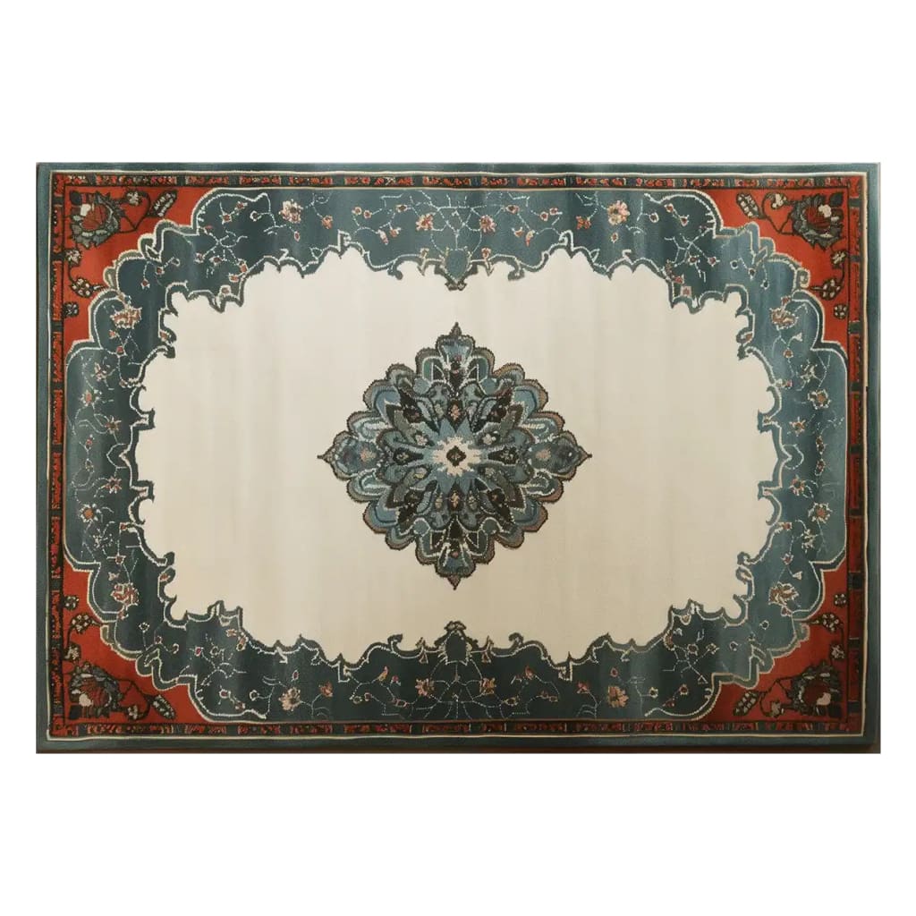 Top view of a Persian Night Hand Tufted Wool Rug, showcasing an intricate central medallion design in blue and cream, surrounded by a decorative border with floral patterns. This elegant area rug is perfect for adding a touch of sophistication to any living room, especially as an 8x10 centerpiece.