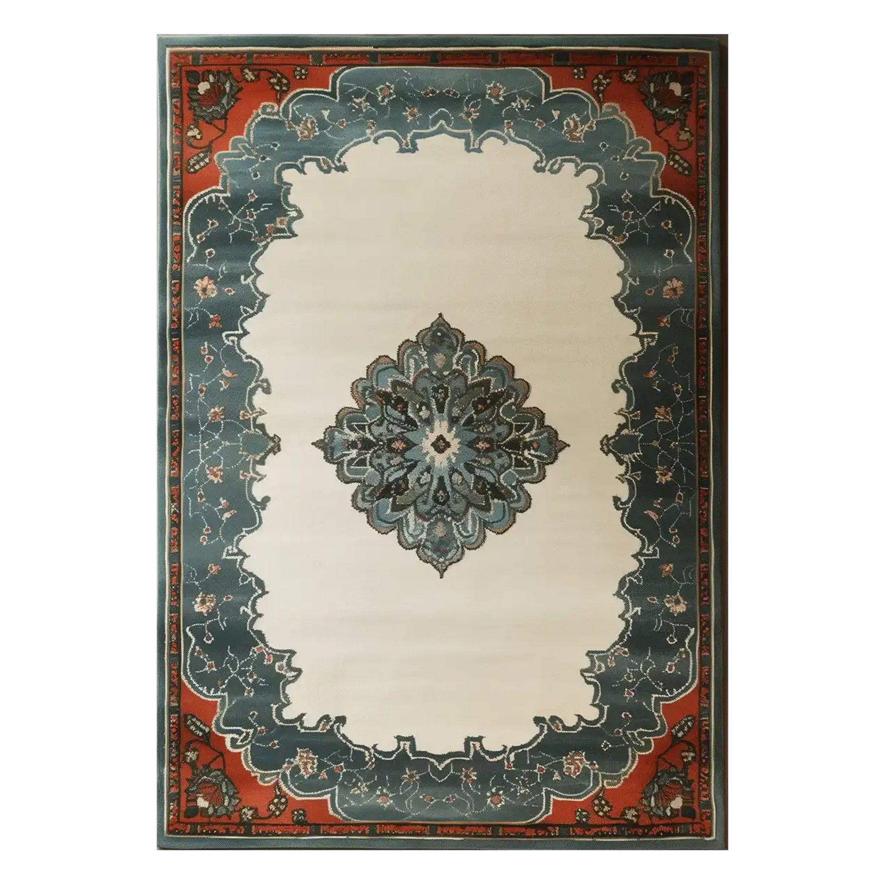 Elegant Persian Night Hand Tufted Wool Rug showcasing a classic design with intricate patterns in teal, ivory, and red hues. This area rug is perfect for adding a touch of sophistication to any living room. Ideal as a living room rug 8x10, this Persian wool rug enhances the decor with its timeless beauty.