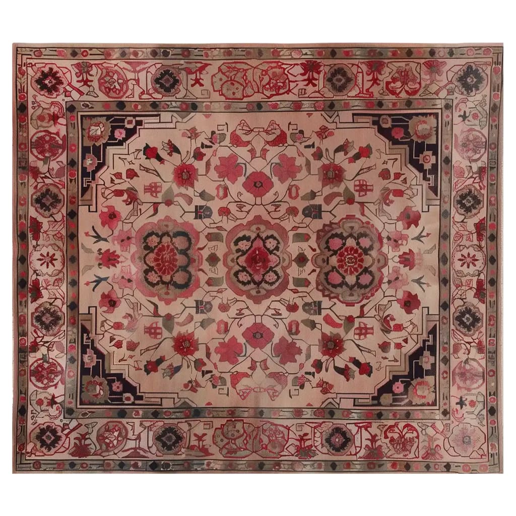 Top view of a Persian Opulence Hand Tufted Wool Rug displaying intricate floral patterns in rich red and pink hues, perfect for adding elegance to any living room. This area rug is an ideal choice for those seeking large living room rugs with a touch of luxury.