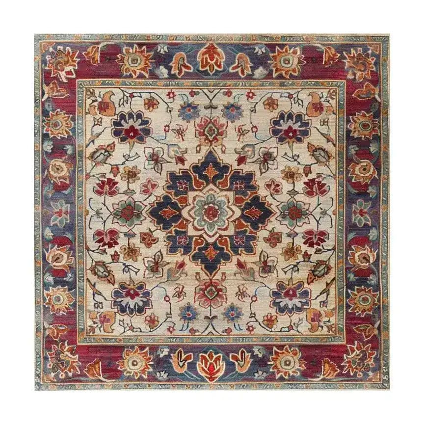 A vibrant Persian Palette Hand Tufted Rug featuring a floral design in rich colors. This square area rug is perfect for adding a vintage touch to your living room. Made from quality wool, this elegant rug showcases intricate patterns typical of Persian rugs, making it a standout piece among living room area rugs.