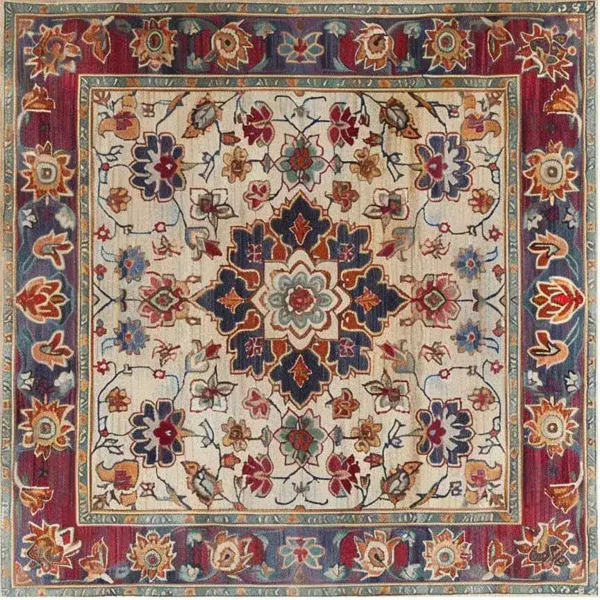 Vibrant Persian Palette Hand Tufted Rug featuring an intricate floral design in rich colors. This square area rug brings a vintage charm to living rooms, showcasing a classic Persian style. Made from high-quality wool, it's a perfect addition to enhance your living room decor with its elegant and timeless appeal.