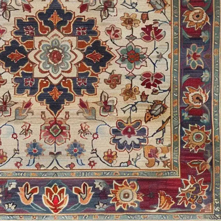 A beautifully detailed Persian Palette Hand Tufted Rug showcasing intricate floral patterns in rich colors. This square area rug, perfect for the living room, combines vintage charm with modern elegance. Made from high-quality wool, it's an ideal choice for those seeking a luxurious floral rug or Persian rug to enhance their living space.