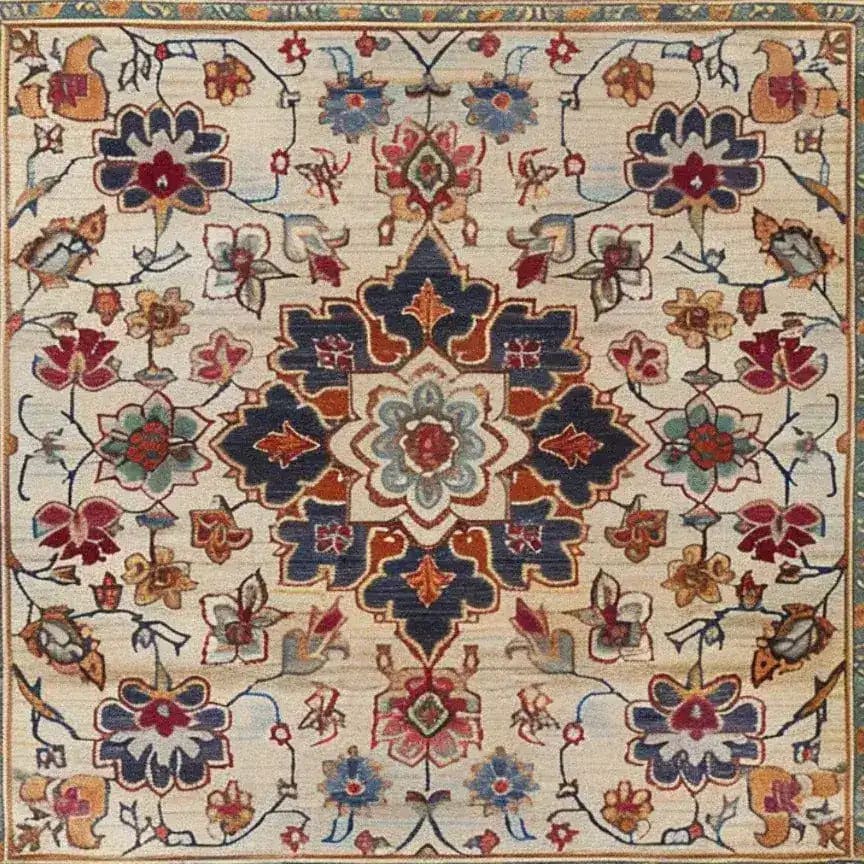 This Persian Palette Hand Tufted Rug is a beautiful square area rug featuring intricate floral patterns, perfect for enhancing living room decor. The vintage rug design showcases traditional Persian motifs in rich, vibrant colors, crafted from high-quality wool, making it an ideal choice for those seeking elegant rugs for their living room.