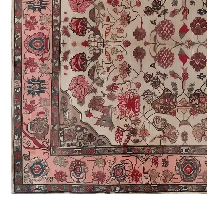 Top view of a Persian Reflection hand-tufted wool rug, showcasing intricate floral and geometric patterns in shades of red, pink, and beige. This elegant area rug is perfect for an 8x10 living room space, adding a touch of classic charm to your home decor.