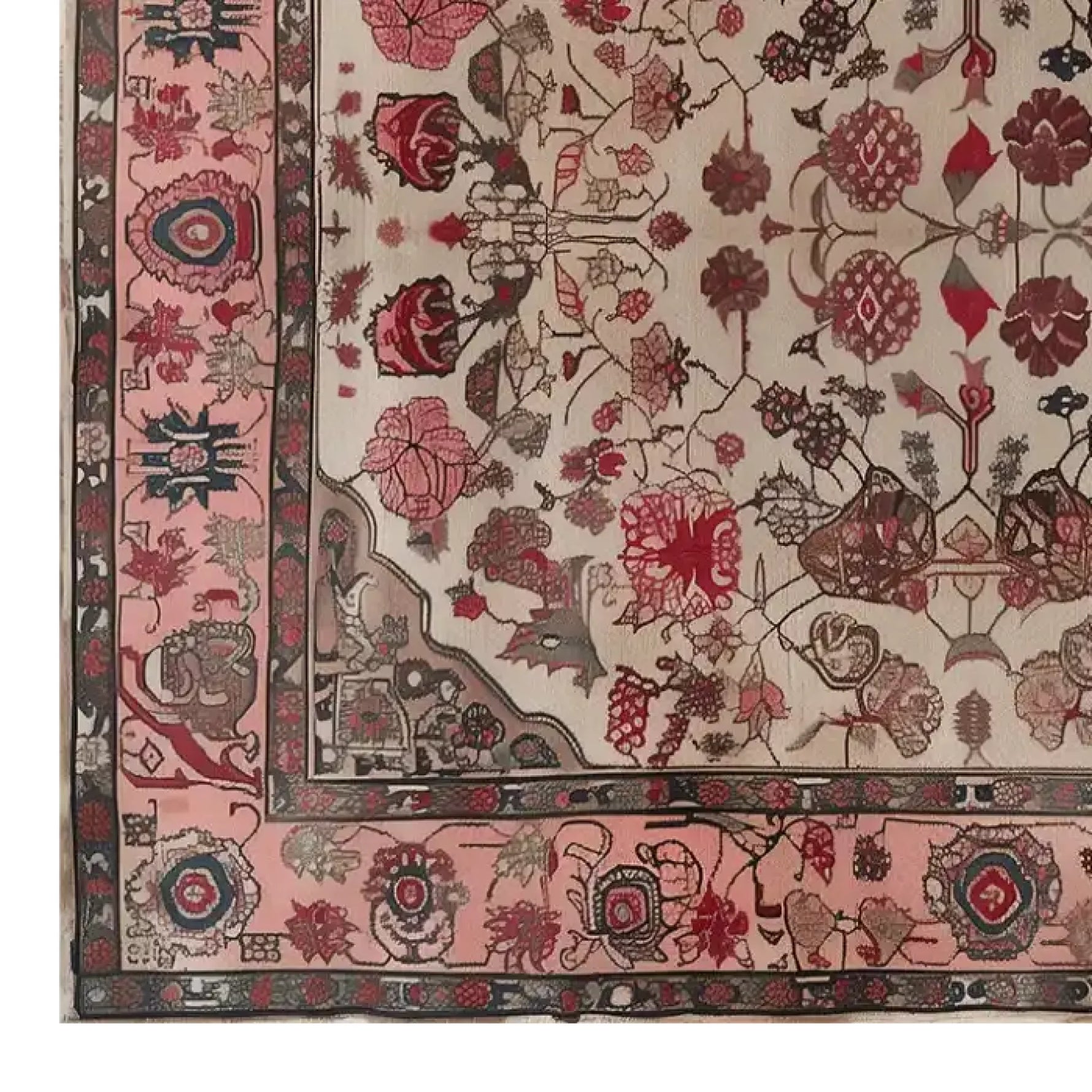 Top view of a Persian Reflection hand-tufted wool rug, showcasing intricate floral and geometric patterns in shades of red, pink, and beige. This elegant area rug is perfect for an 8x10 living room space, adding a touch of classic charm to your home decor.