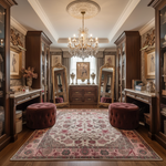 Luxurious room with ornate furniture, chandelier, and patterned rug.