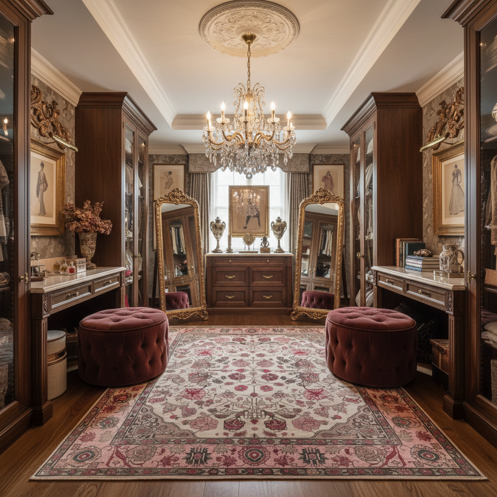 Luxurious room with ornate furniture, chandelier, and patterned rug.