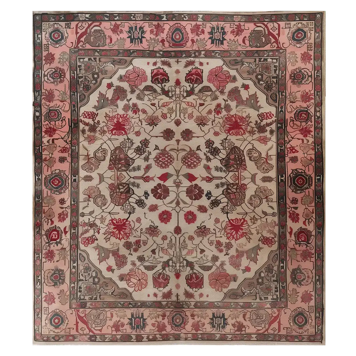A beautifully intricate Persian Reflection Hand Tufted Wool Rug, showcasing a rich floral and geometric pattern in shades of red and beige, ideal for living room rugs 8x10. This elegant wool rug adds a touch of timeless charm to your space, perfect for those seeking classic Persian rugs for their living room.