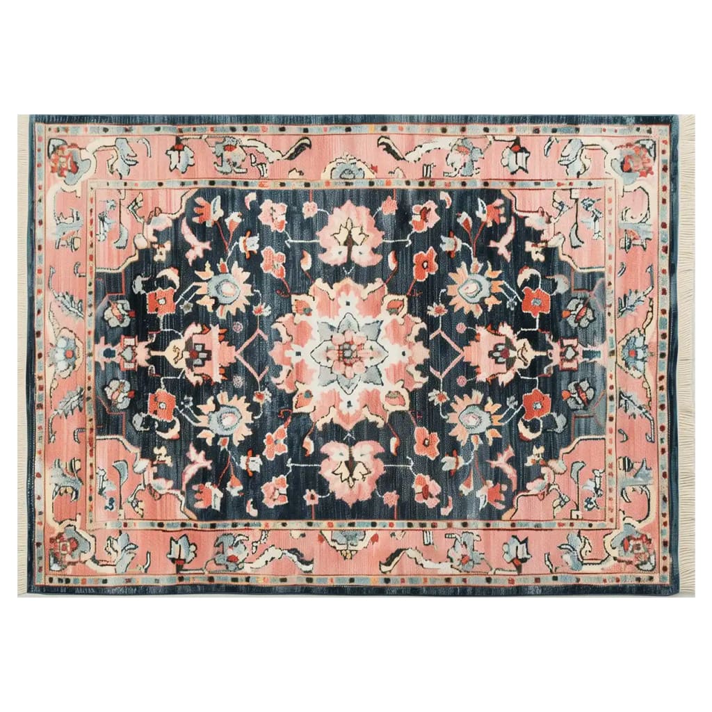Top view of a Persian Serenade Hand Tufted Wool Rug, showcasing an intricate floral pattern with pink and dark blue hues. This elegant area rug is perfect for adding a touch of style to living rooms, embodying the charm of traditional Persian rugs.