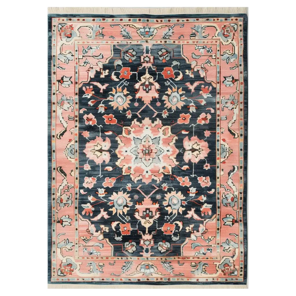 A beautifully designed Persian Serenade hand-tufted wool rug, featuring intricate floral patterns in a harmonious blend of pink, navy, and ivory. This area rug is perfect for adding an elegant touch to your living room, embodying the classic charm of Persian rugs.