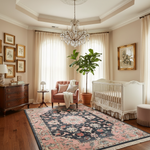 Nursery room with a crib, armchair, a floral wool rug, and decorative elements.