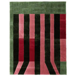 A contemporary wool area rug with bold geometric patterns in shades of green, black, and red. Perfect for adding a modern touch to your living room, this 8x10 rug combines style and comfort, making it an ideal choice for those seeking unique living room area rugs.