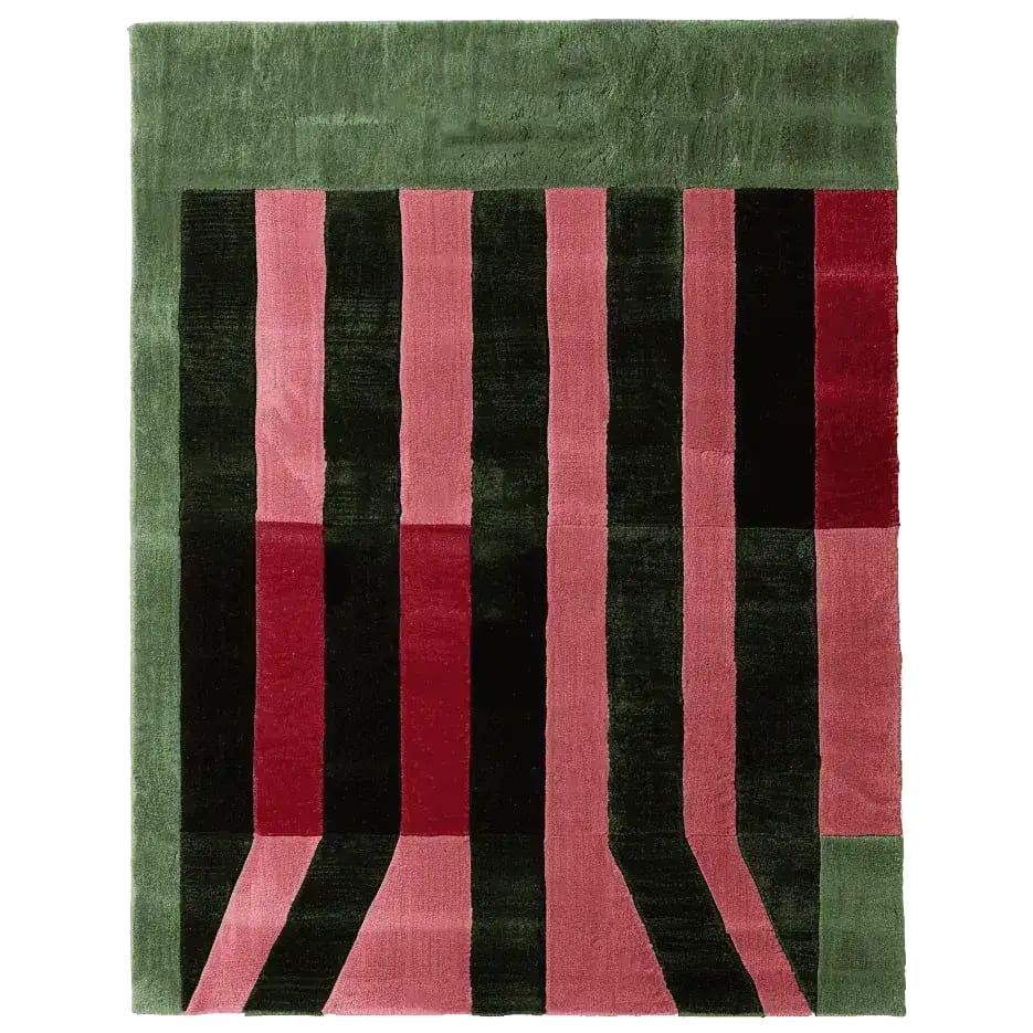 A contemporary wool area rug with bold geometric patterns in shades of green, black, and red. Perfect for adding a modern touch to your living room, this 8x10 rug combines style and comfort, making it an ideal choice for those seeking unique living room area rugs.