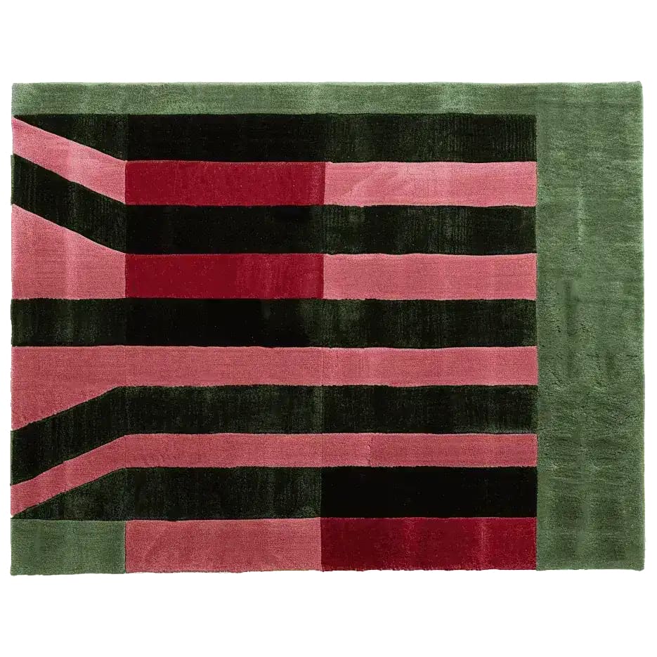 A contemporary wool area rug featuring bold geometric patterns in pink, red, and green tones, perfect for enhancing any living room space. This 8x10 rug showcases a modern design ideal for those seeking stylish living room area rugs.
