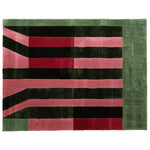 A contemporary wool area rug featuring bold geometric patterns in pink, red, and green tones, perfect for enhancing any living room space. This 8x10 rug showcases a modern design ideal for those seeking stylish living room area rugs.