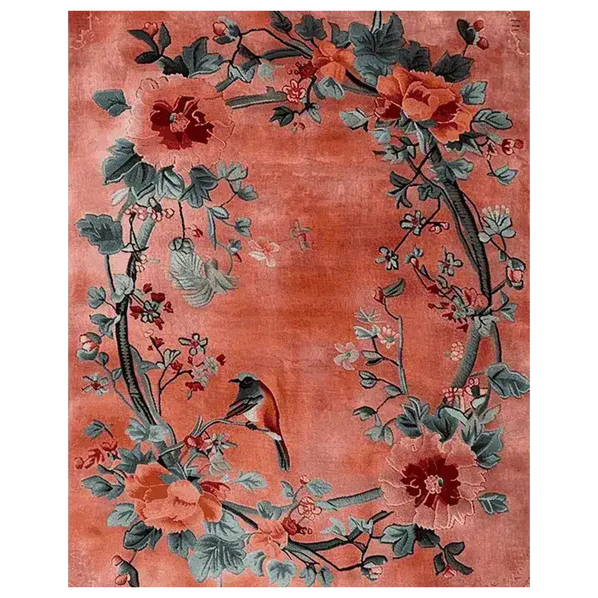 A beautiful hand-tufted area rug featuring an intricate floral design with vibrant blooms and a perched bird on a warm, earthy background. This wool rug is perfect for adding a touch of elegance to living rooms, making it an ideal choice for those seeking large living room rugs.