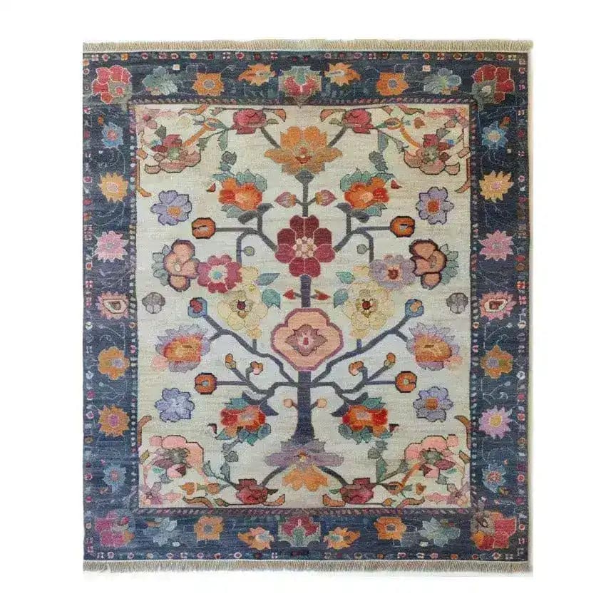 Elegant Petal Cascade Hand Knotted Area Rug featuring a vintage floral design with vibrant colors, ideal for large living rooms. This 8x10 Persian-style rug adds a touch of sophistication and timeless beauty to any space.