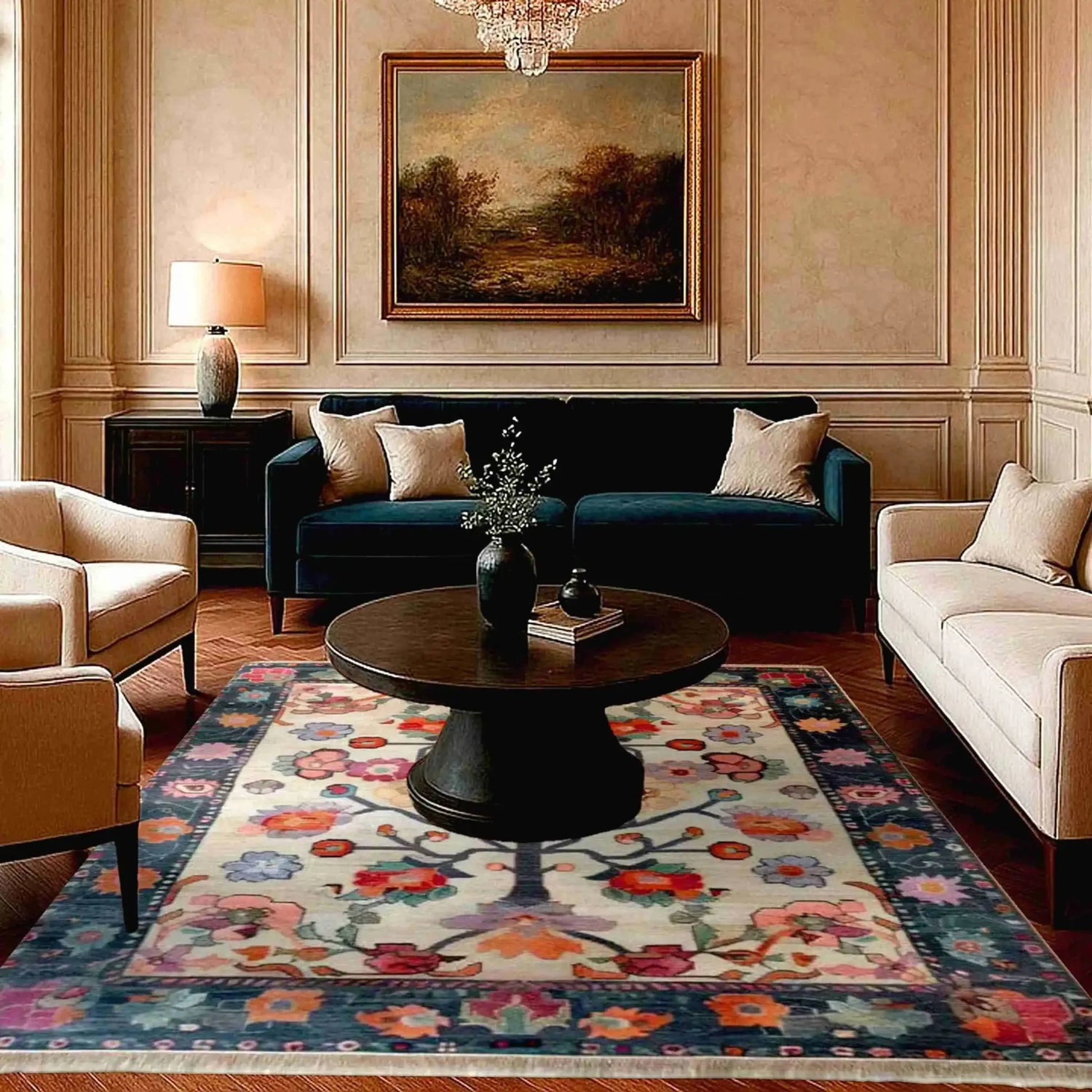 A beautifully designed Petal Cascade Hand Knotted Area Rug in a sophisticated living room setting. The large 8x10 floral rug features vibrant colors and vintage Persian motifs, adding elegance and warmth to the room. Perfect as a centerpiece among large living room rugs.