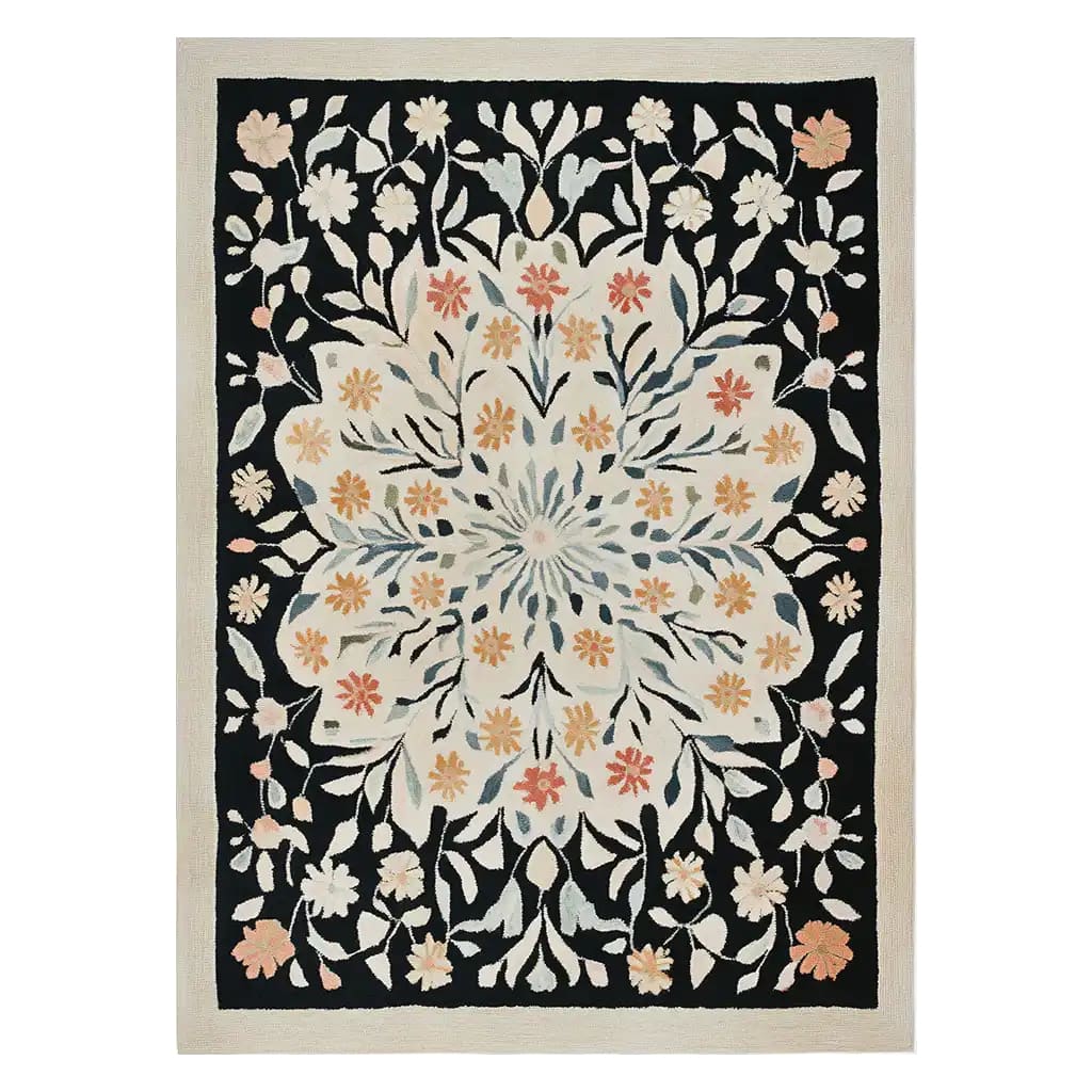 Elegant Petal Cascade hand-tufted wool rug featuring a stunning floral design. Perfect for adding a touch of nature to your living room area. This 8x10 area rug combines dark and light hues, offering a sophisticated look that complements any living room decor.