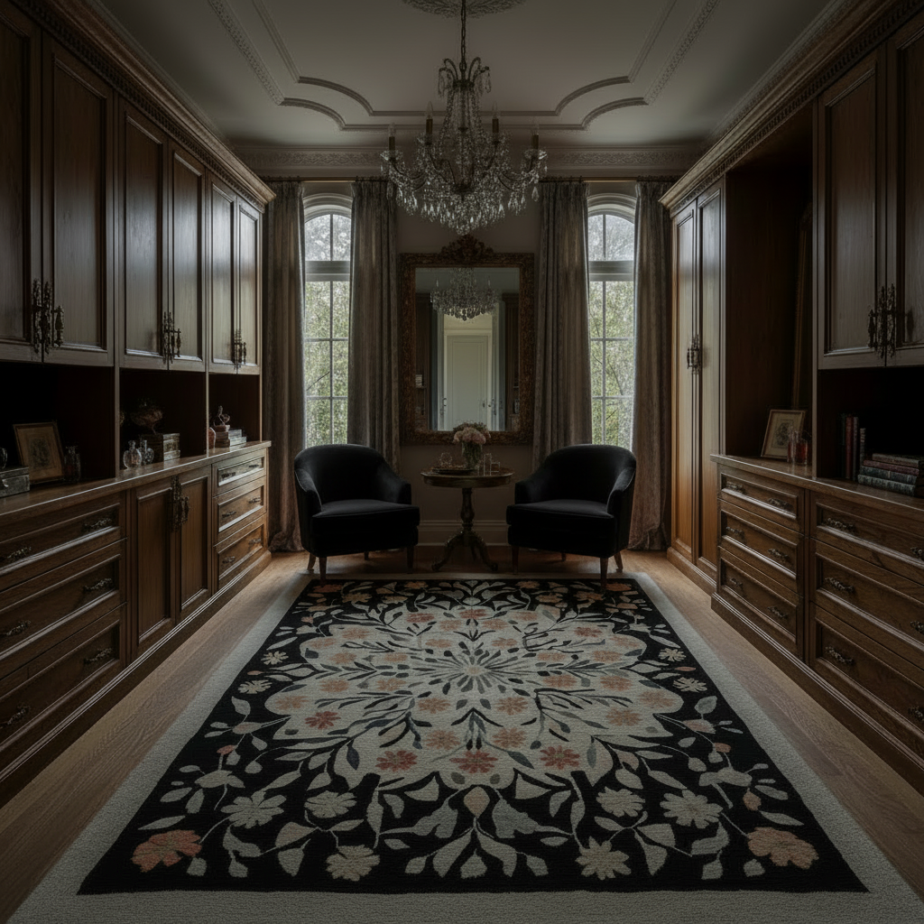 Luxurious room with dark wood cabinetry, a chandelier, and a decorative rug.